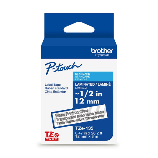 BROTHER P-TOUCH TAPE TZE135G WHITE/CLEAR 12MM