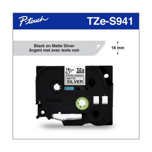 BROTHER P-TOUCH TAPE TZES941 BLACK/MATTE SILVER 18MM