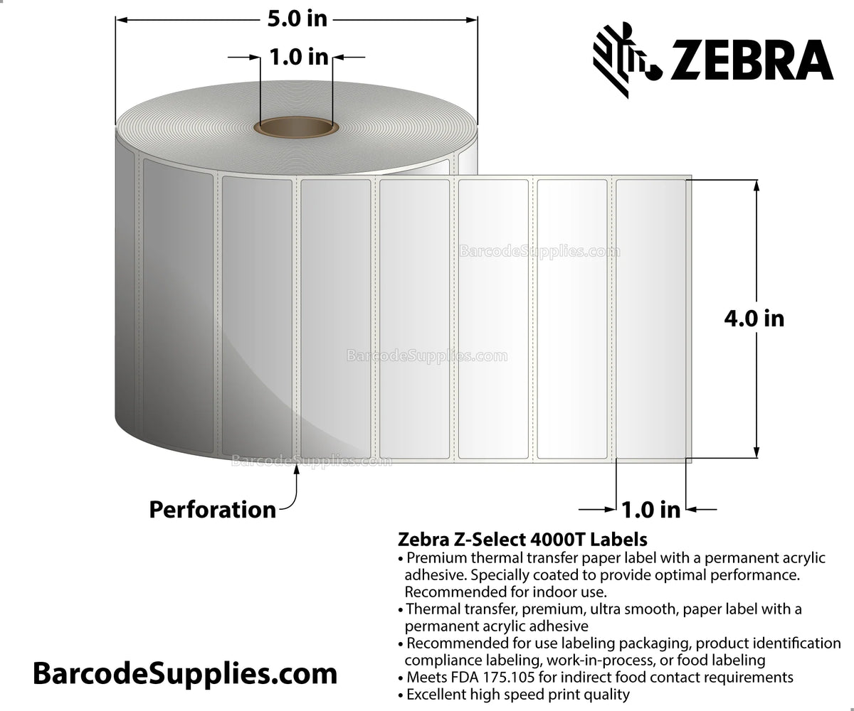 Zebra Label 4”x1” Thermal Transfer 2260/Roll
