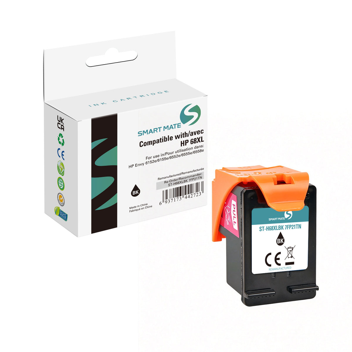 Cartouche d'encre noire haut rendement Smart Mate compatible HP 68XL (7FP21TN)