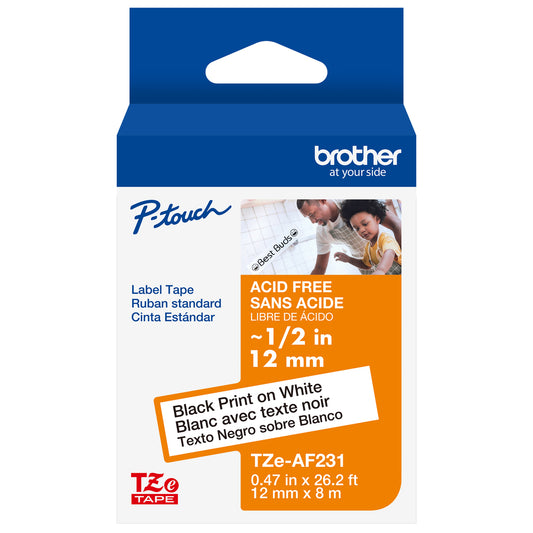 BROTHER P-TOUCH TAPE TZEAF231 BLACK/WHITE ACID FREE 12MM