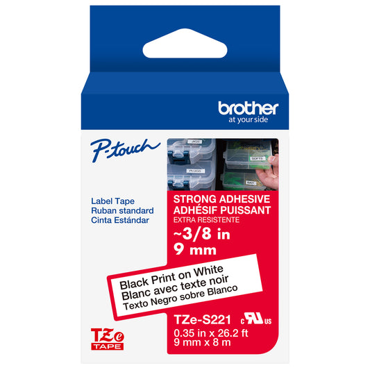 BROTHER P-TOUCH TAPE TZES221 BLACK/WHITE 9MM X 8MM
