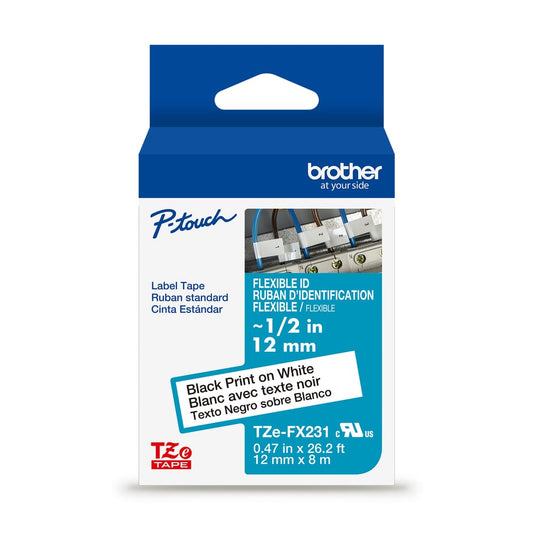 BROTHER P-TOUCH TAPE TZEFX231 BLACK/WHITE 12MM